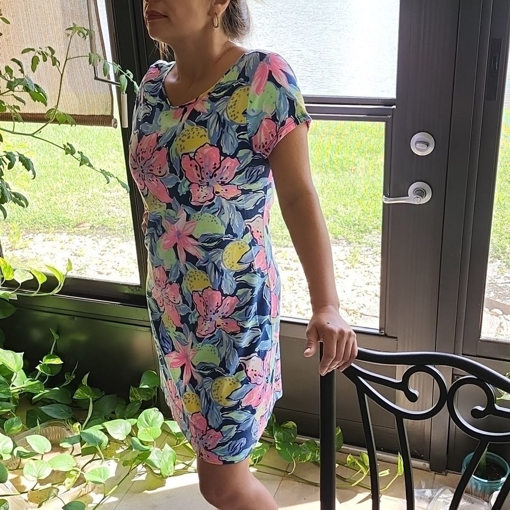 VEUC Sz M LP S/S Navy Pink Yellow Green Dress